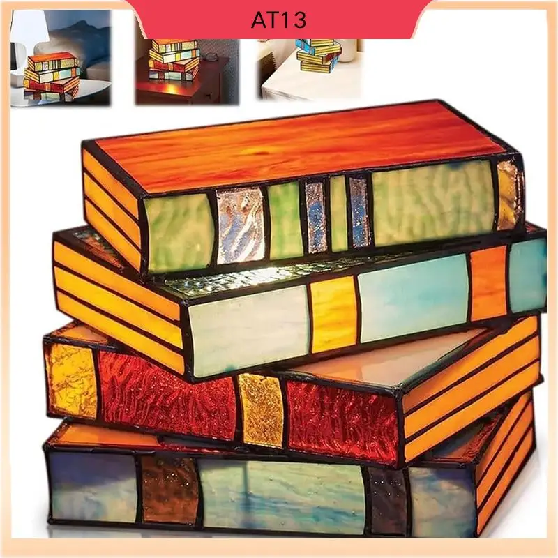 

AT13 3PCS Stained Glass Stacked Books Lamp Stacked Books Glass Lamp Vintage Handcrafted Glass Nightstand Desk Book Lamps Multico