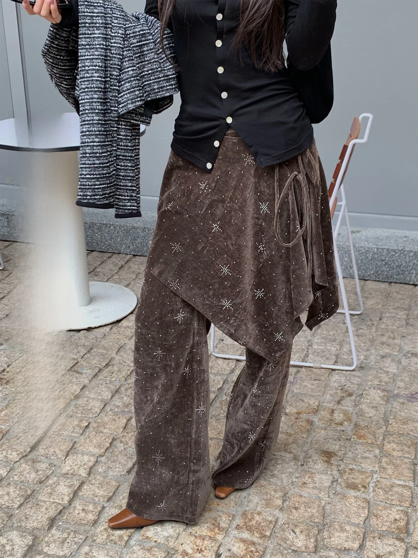 

Retro Feel Velve Glitter Drill Uneven Women's Belted Slimming Long Pants Casual Wide Leg Trousers for Ladies Daily Wear