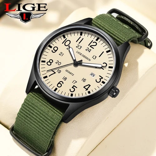 LIGE, marca superior, reloj de cuarzo de lujo para hombres, cuero de nailon, resistente al agua, fecha luminosa, relojes militares deportivos para hombres, relojes masculinos