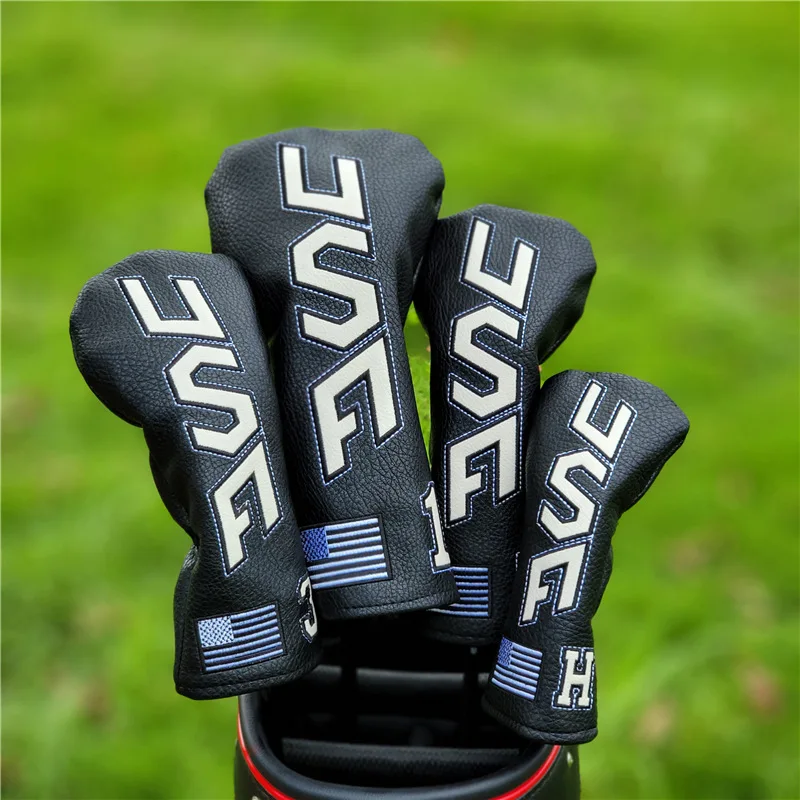 Simple golf Black Headcovers Cover USA Flag for Driver Head Covers Fairway Wood Head Covers Hybrid Pu Leather Waterproof Set