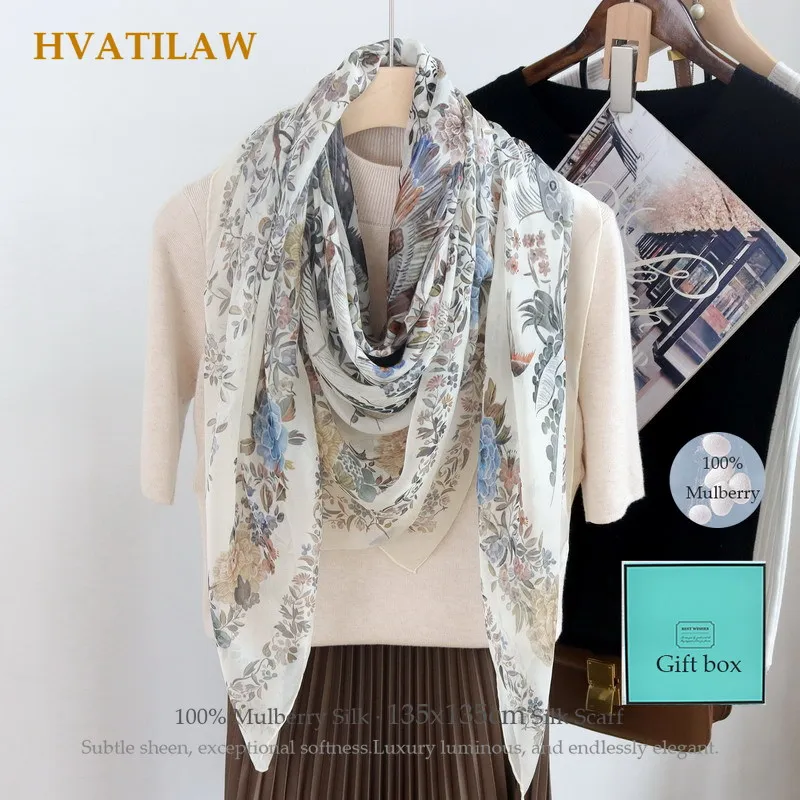 

100% Real Silk Chiffon Scarf 135x135cm Large Square Shawl Luxury Silk Wrap Pashmina Summer Sun Protection Breathable Gift Box