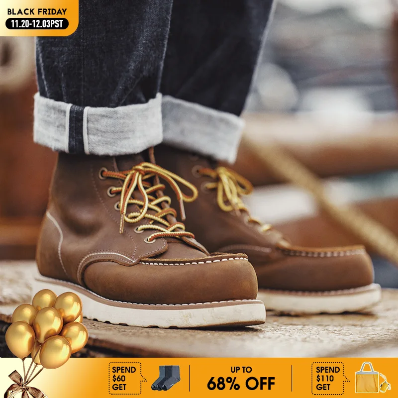 Maden Vintage 875 echte Stiefeletten, Crazy Horse-Leder, runde Zehen, langlebige High-Top-Schnürstiefel für Herbst-Winter-Arbeitsschuhe
