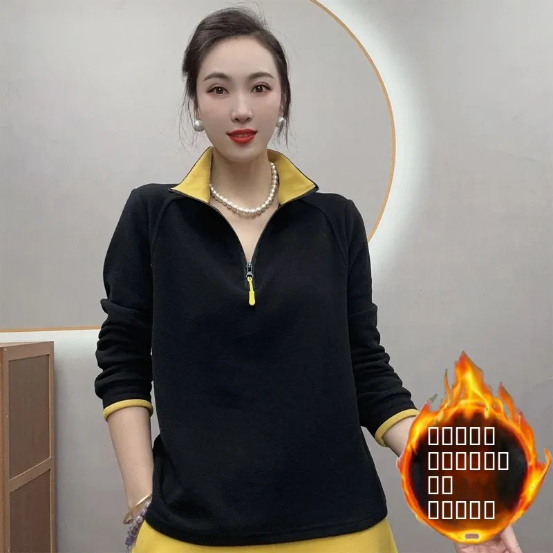 

Осенне-зимняя двусторонняя бархатная футболка с длинным рукавом, приталенная, на молнии, женская, базовая, с высоким воротником и молнией