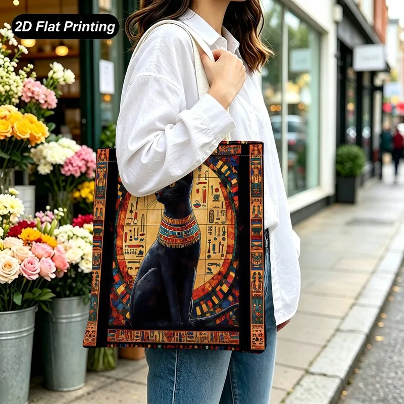 1PC【Tote Bag】2DFlat effect New large-capacity tote bag，Ancient Egyptian Mythology Black Pattern，Suitable shopping/Outdoo