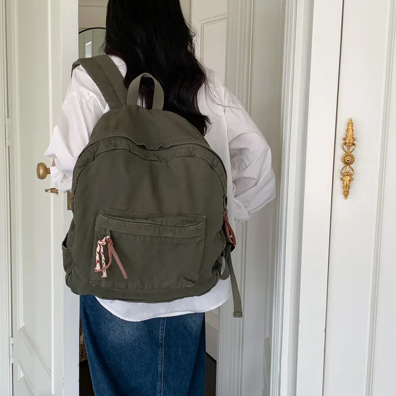 

Washed Canvas Backpack with Floral Rope - Simple Vintage Daypack Versatile & Artistic Rucksack
