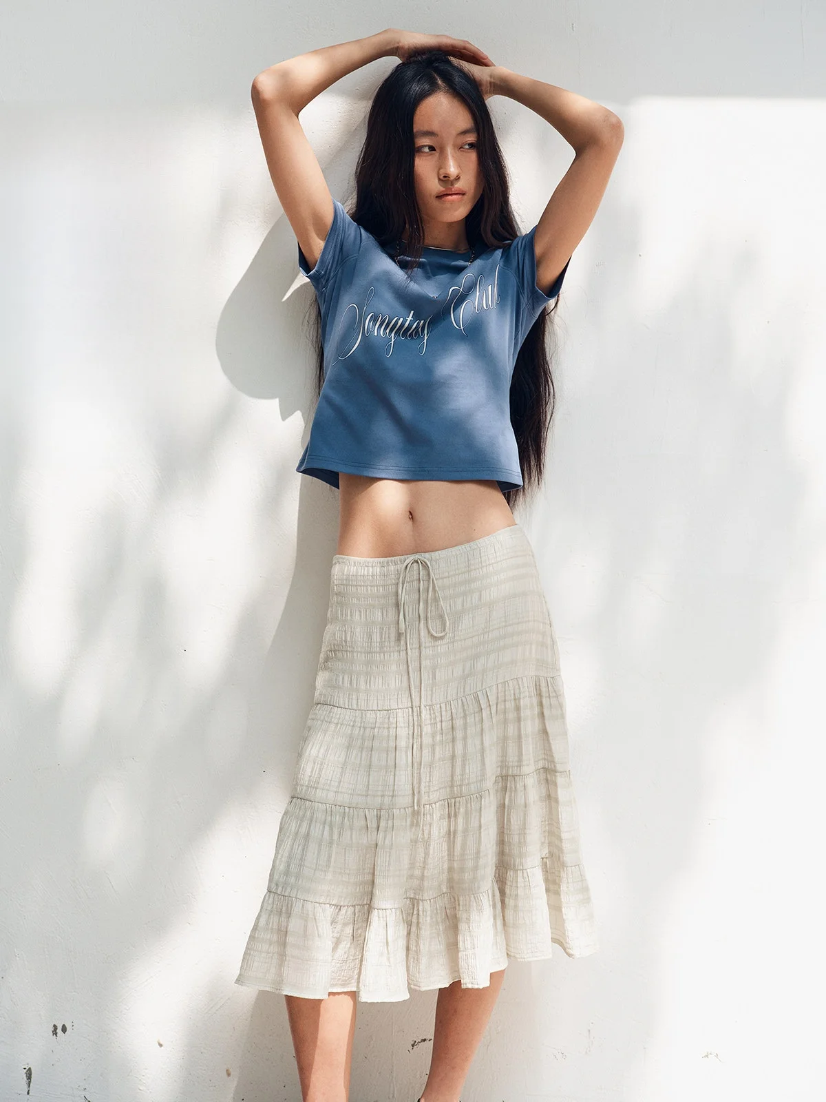 

Sontag Mixed Fiber Pleated Texture Thin Veil Gathered Stripe A-Line f Skirt Ci Commute Pure Color mid Waist Design