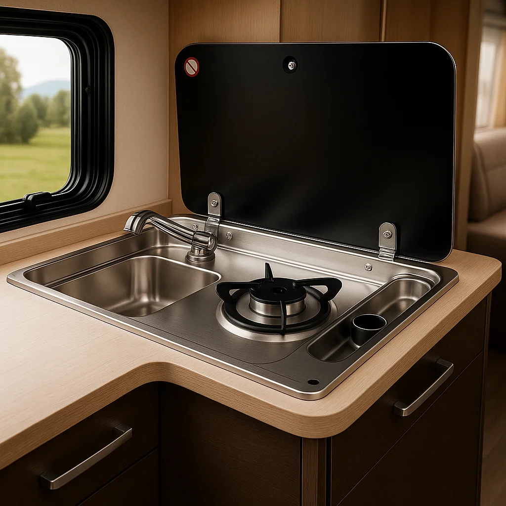 RV Caravan Stainless Steel Integrated Gas Stove And Sink Combo With Tempered Glass Lid 1 Burner Cooktop Kitchen Sink For RV Boat
