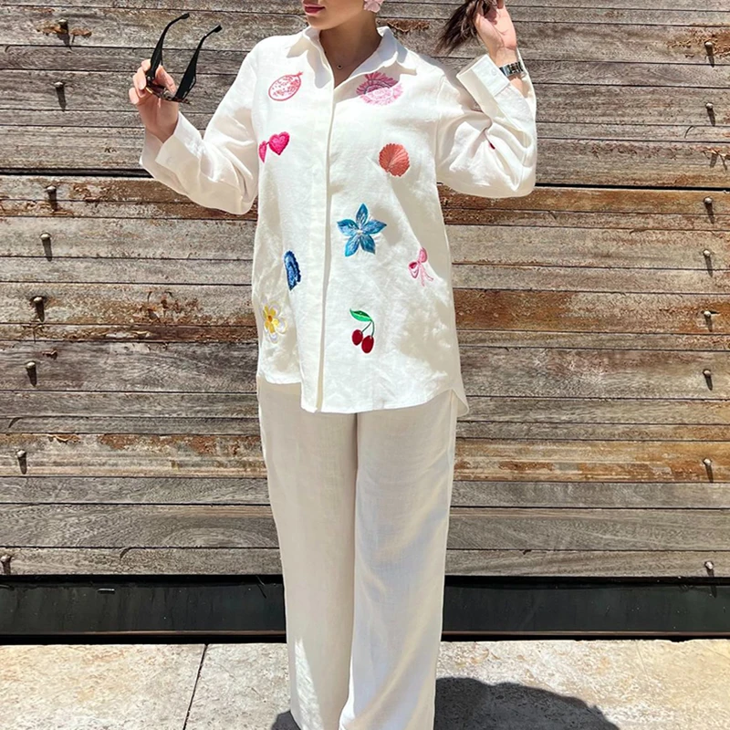 

Spring Summer Single Breasted Loose Women's 2pc Sets Casual Street Long Pants Outfits Flower Embroidery Long Sleeved Shirt Suit