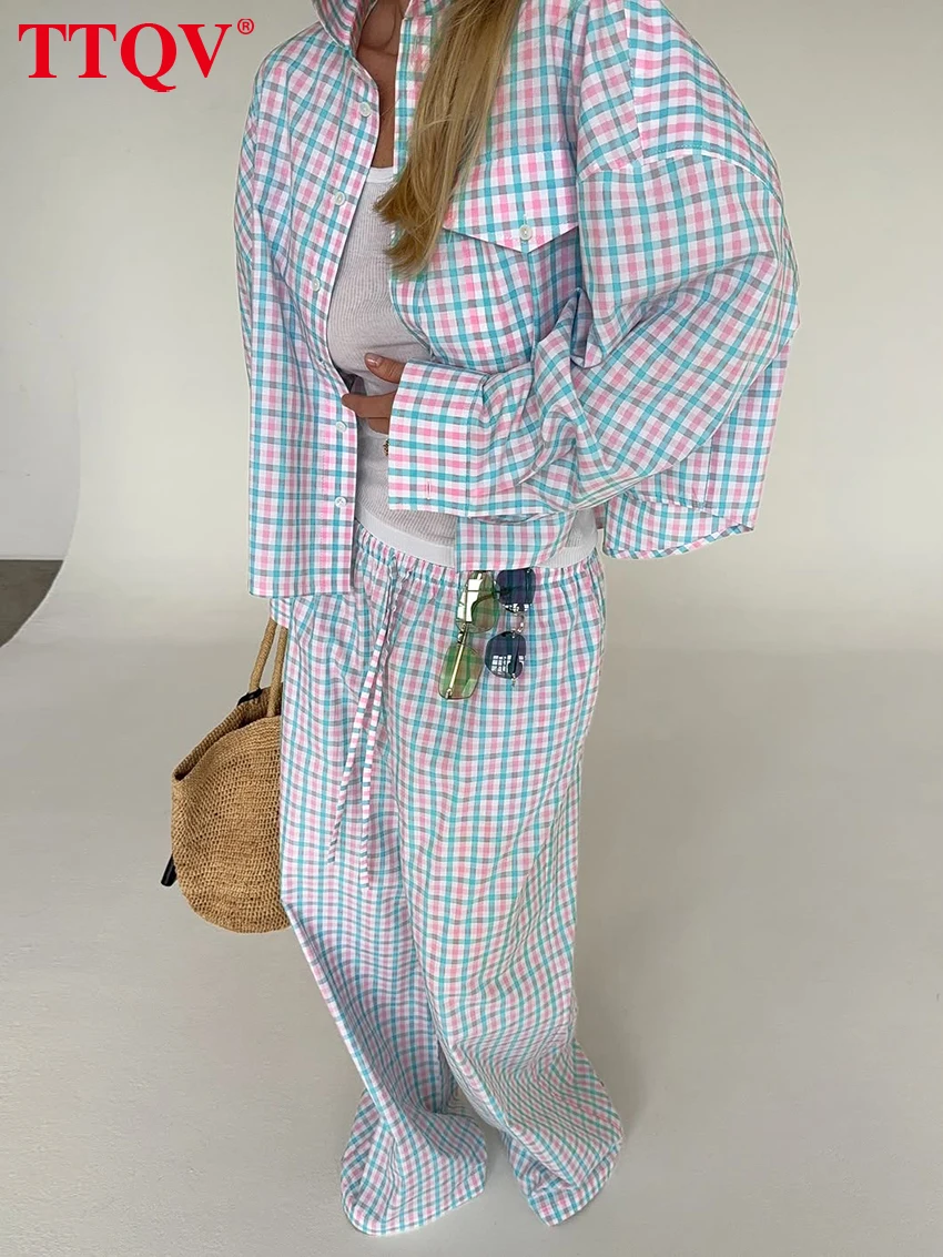 

TTQV Fashion Loose Plaid Cotton Women's Two Pieces Set 2025 Elegant Long Sleeve Shirt With High Waist Wide Pants Set Female