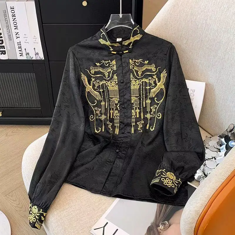 

New Chinese Style Tops Women's Traditional Phoenix Embroidery Long Sleeved Shirt Carnival Event Hanfu Match Stage Base Wear