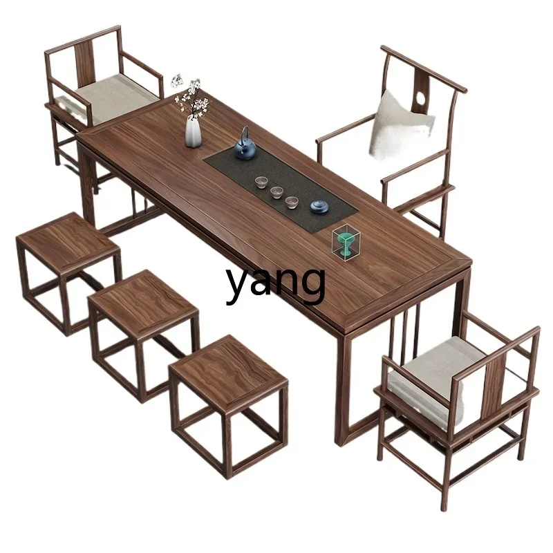 

ZL office solid wood tea table and chair combination one table and five chairs log tea table