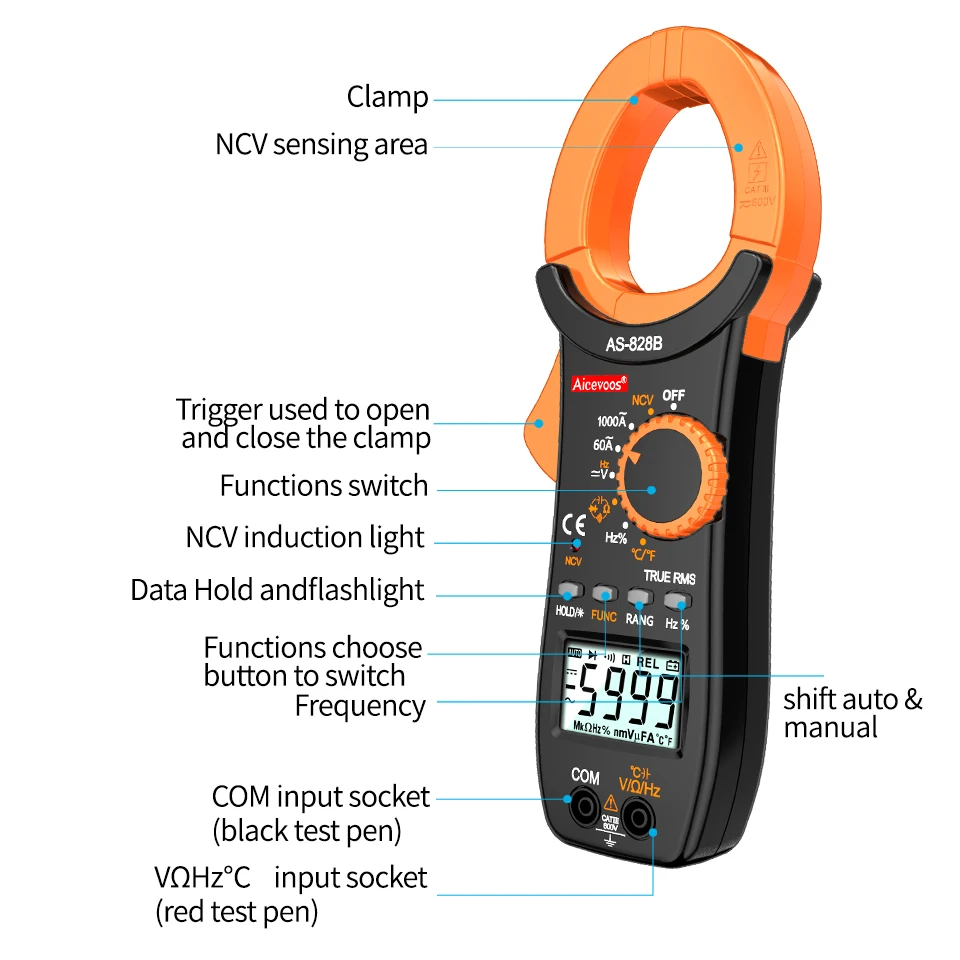 Aicevoos-medidor Digital de abrazadera, probador de voltaje CA CC, rango automático 600A, multímetro TRMS, amperímetro eléctrico profesional Ohm