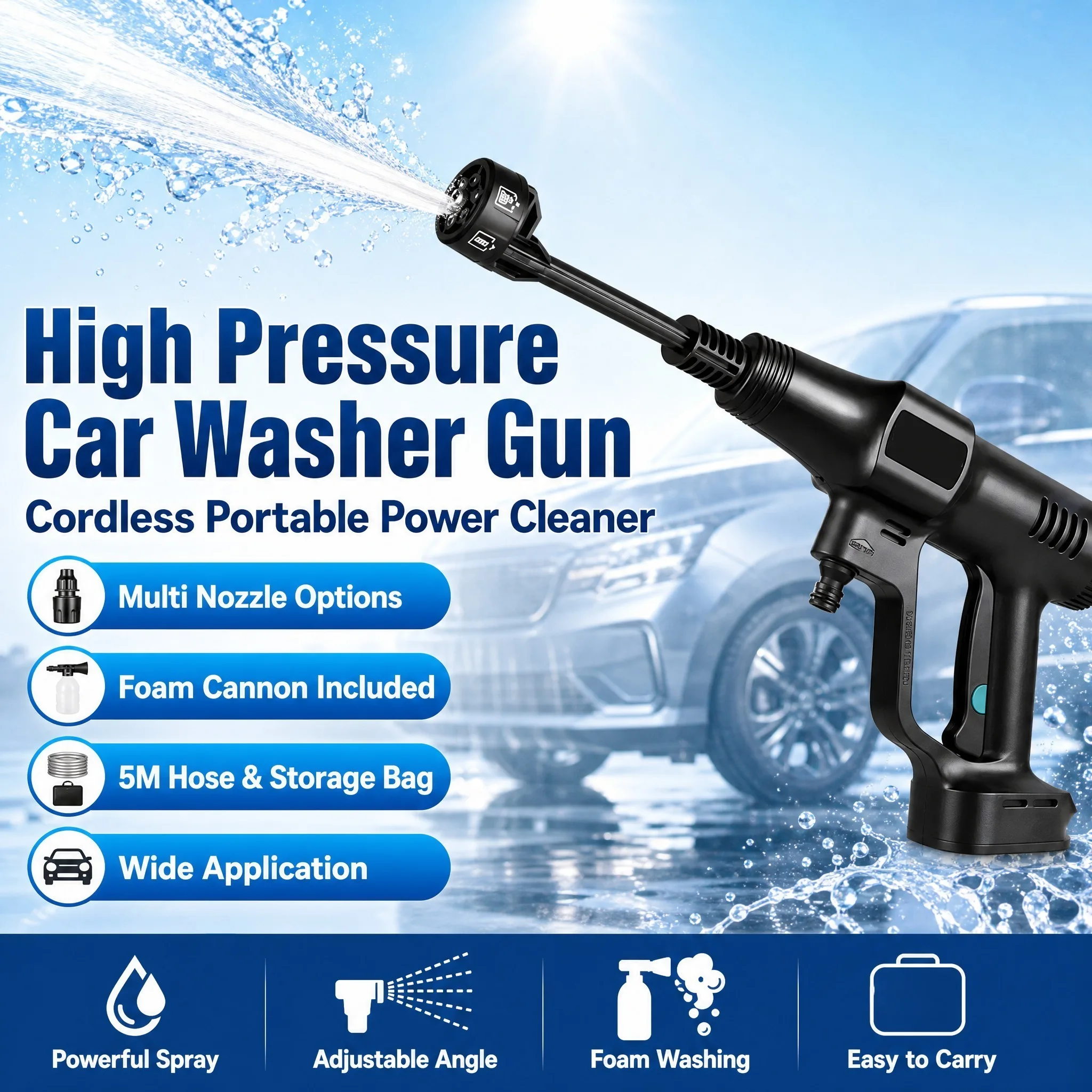 Cordless High Pressure Car Washer Without Battery Portable Handheld Power Cleaner with Multi Nozzlesfor Car Home Patio Cleaning