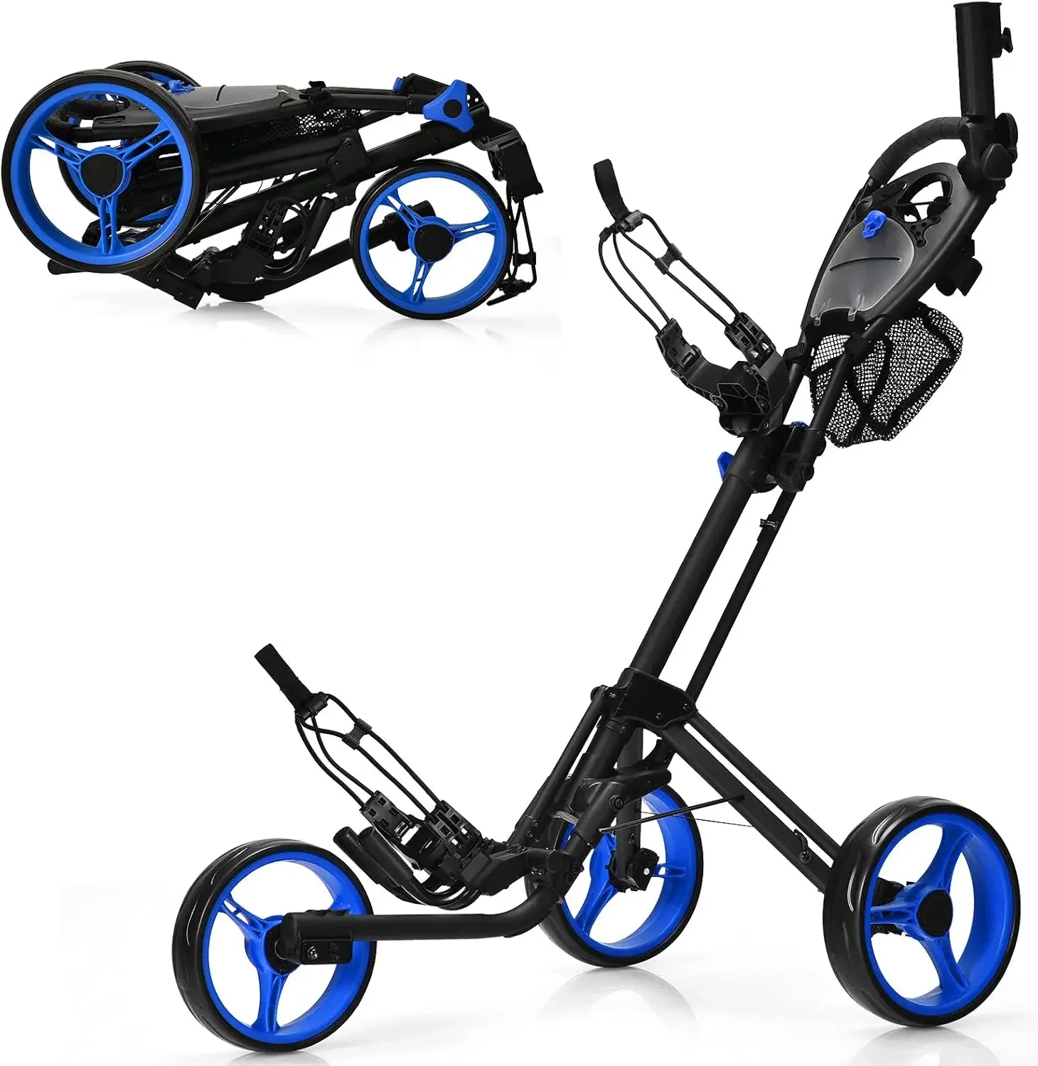 Folding Golf Push Cart, 3 Wheel Height Adjustable Lightweight Golf Push Trolley W/Umbrella Holder & Mesh Bag, Quick Open F