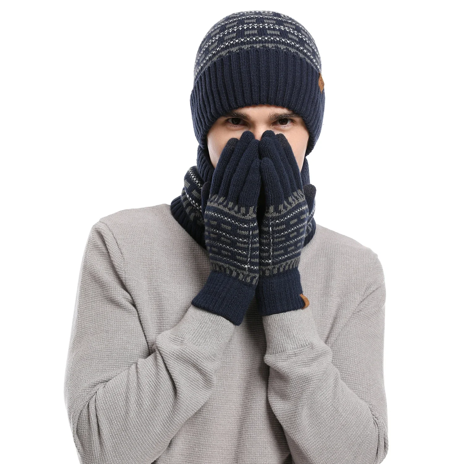 Men's Winter Keep Warm Set Unisex Beanie Telefingers Gloves Fleece Lining Scarf Male Woolen Yarn Knitted Muffler Neck Gaiter Hat