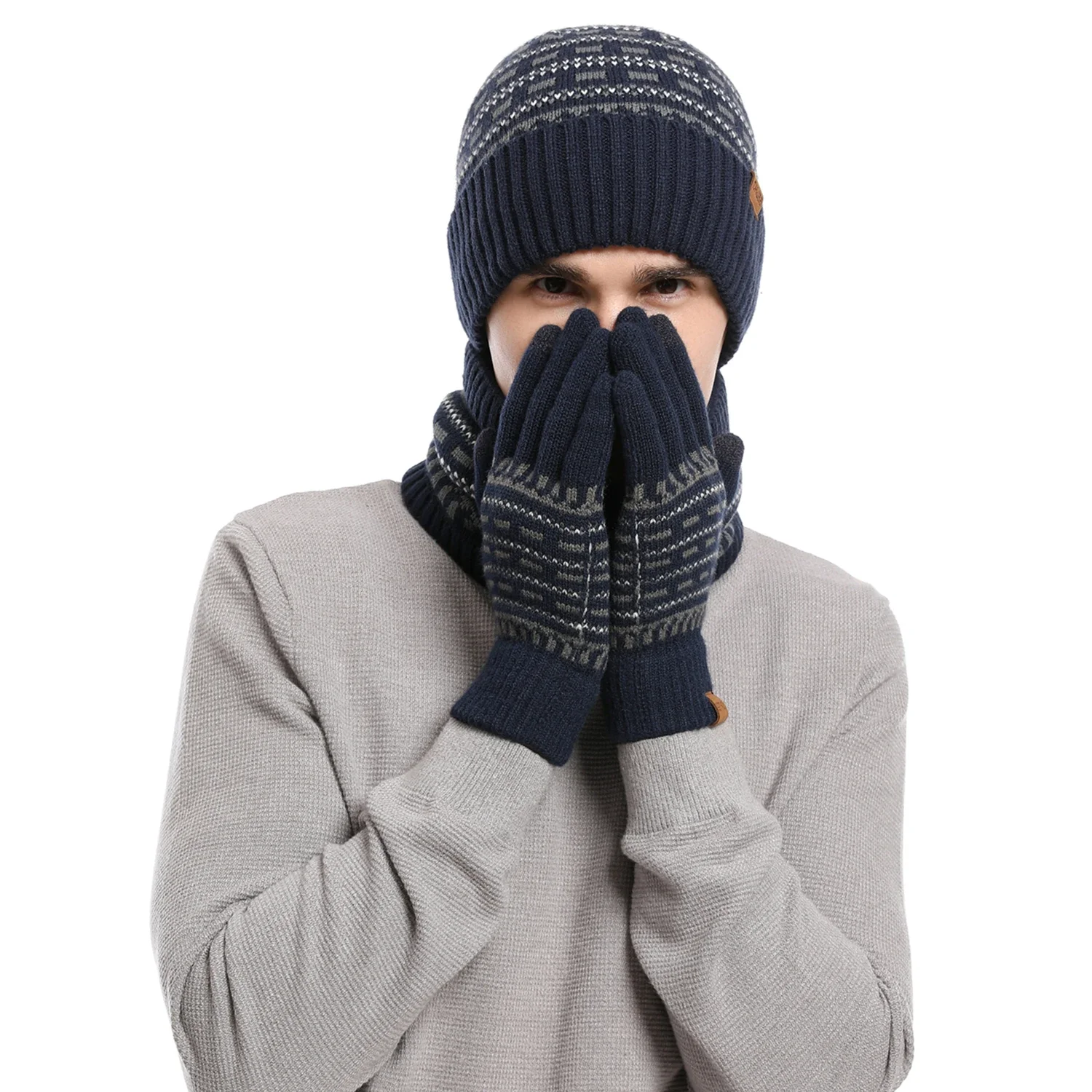 Conjunto de gorro y guantes de lana Unisex para hombre, bufanda de forro polar, silenciador de punto, gorro de polaina para el cuello, mantiene el calor, invierno