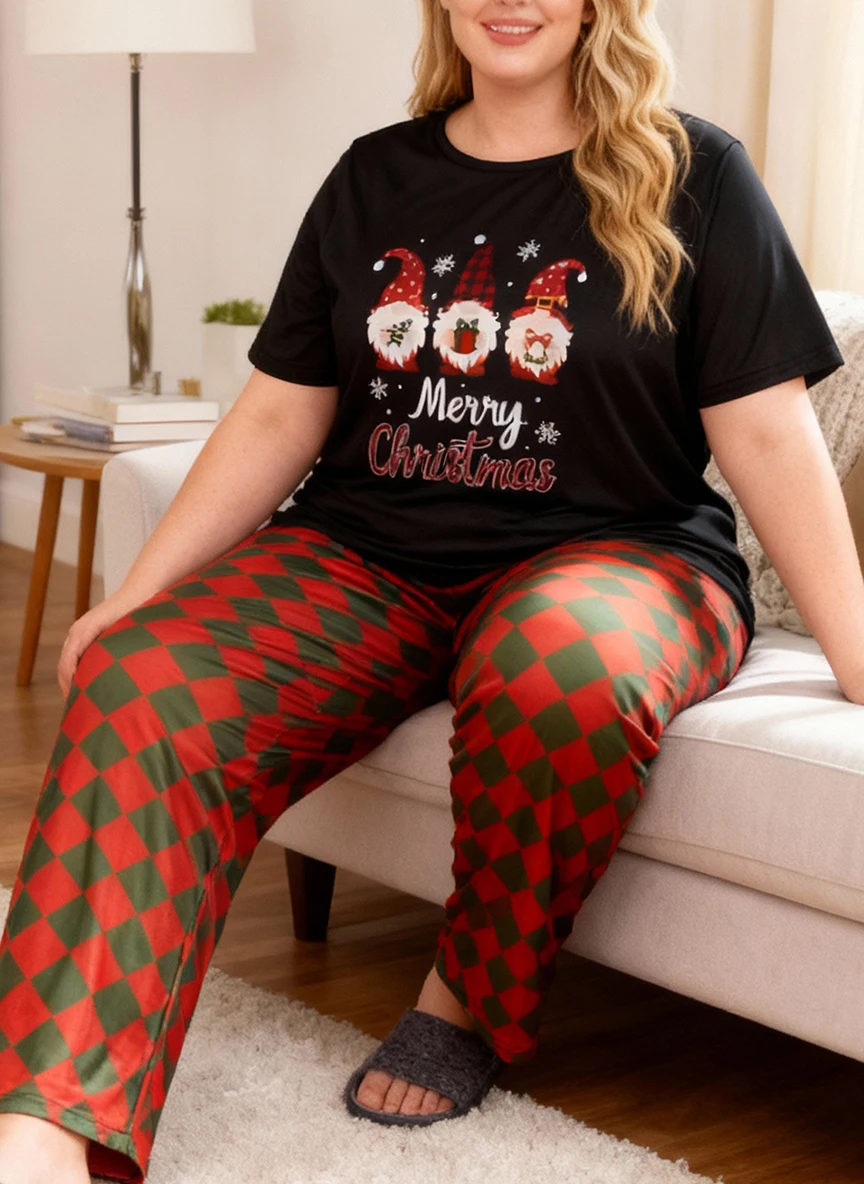 

Two-piece set of casual Christmas print women's short-sleeved shirts, long pants, pajamas and home wear