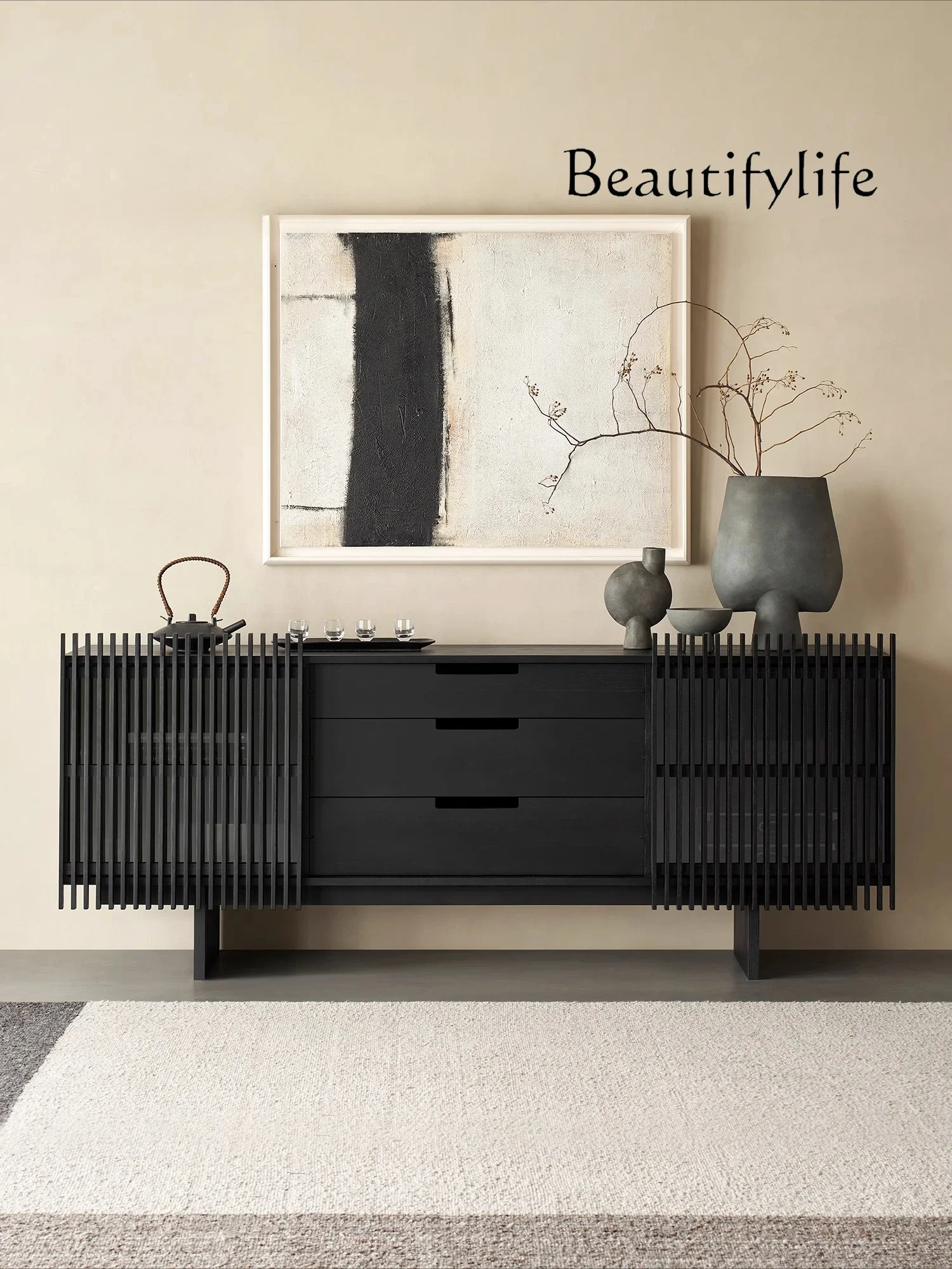 

Grid white solid wood dining side cabinet Nordic retro entrance cabinet black bedroom storage chest designer