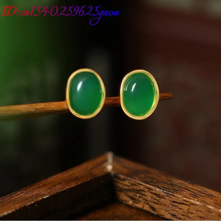 الأخضر الطبيعي اليشم أقراط الأذن مربط سحر تميمة هدايا للنساء مصمم خمر الفاخرة 18K مطلية بالذهب الإكسسوارات