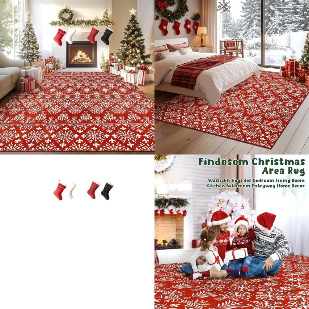 

5x7 Red Snowflake Area Rug, Washable Soft Carpet with Non-Slip Backing, Perfect for Xmas Decor in Living Room, Hallway, Kitchen,