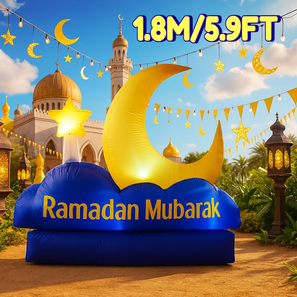 1.8M/5.9FT DIY Inflatable Ramadan Eid Model LED Light Moon Cloud Star Decor Holiday Outdoor Yard Ornament Festival Gift