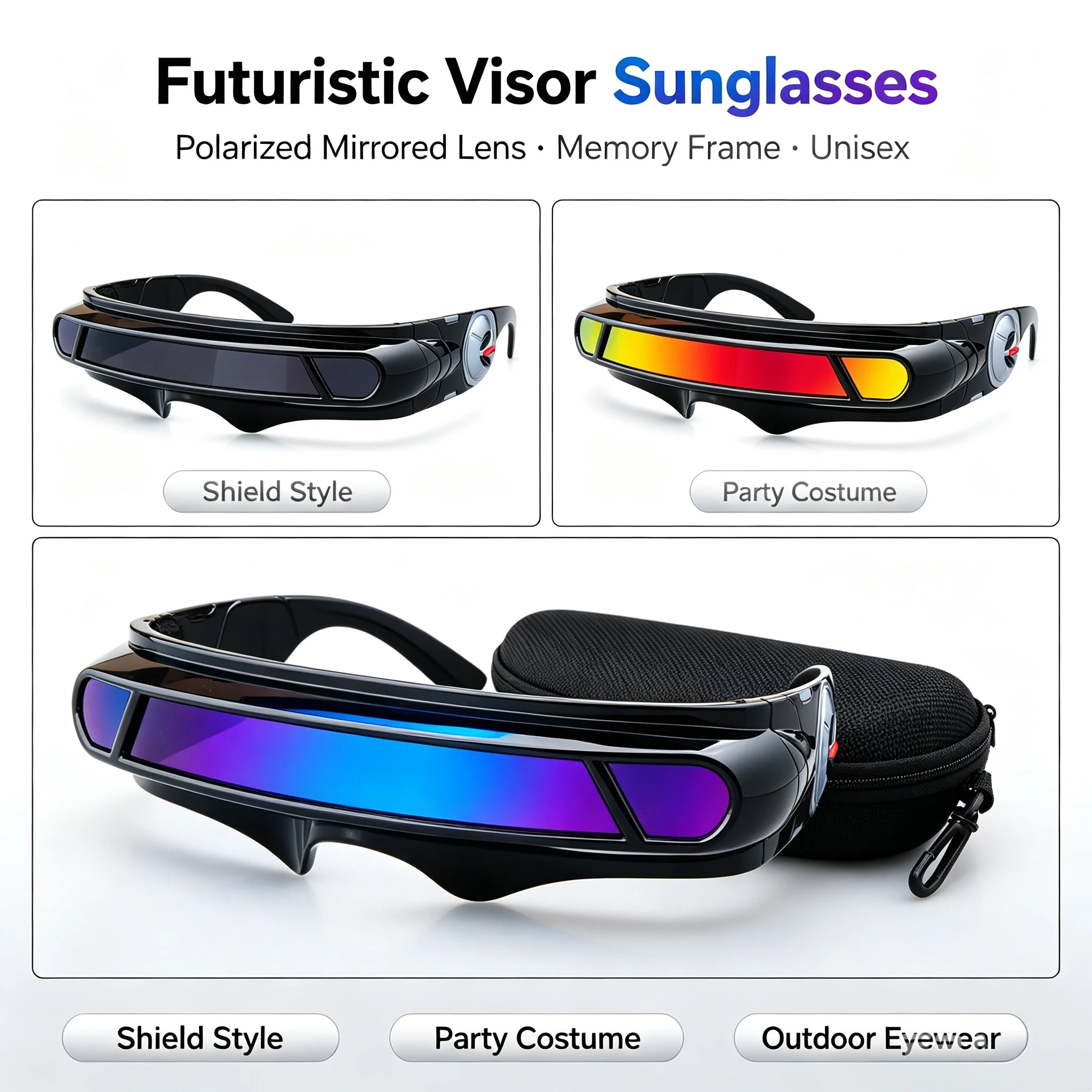 Futuristic Wrap-around Visor Sunglasses Unisex Polarized Shield Eyewear Memory Frame Mirrored Lens Halloween Party Glasses