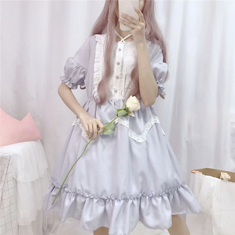 Sweet Cute Lolita OP Dress Women Vidorian Vintage Lace Ruffles Splice Harajuku Dresses Girly Anime Costume Princess Lolita Dress