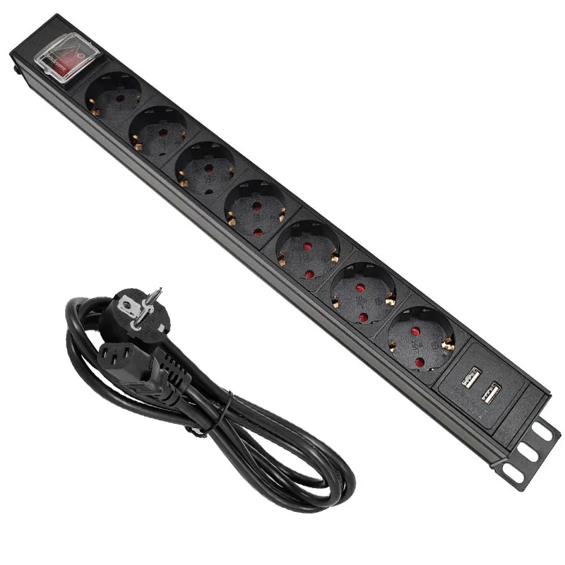 

7 Way PDU Power Strip EU Socket with IEC-C14 Port extend with Circuit Breaker Switche USB Wireless or 2-meter extension cable