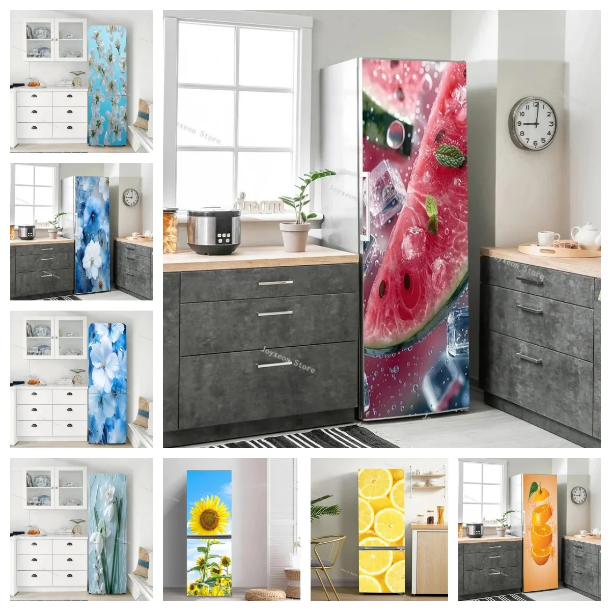 

Fresh Watermelon with Ice Cubes Refrigerator Stickers Self Adhesive Waterproof Anti Scratch Fridge Door Cover for Kitchen Decor