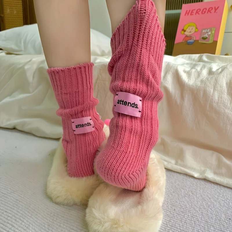 6 Pairs of Men Women Pile Cloth Pink Label Socks Spring Autumn Japanese Solid Color Raw Embryo Thick Thread Mid-Tube Sock