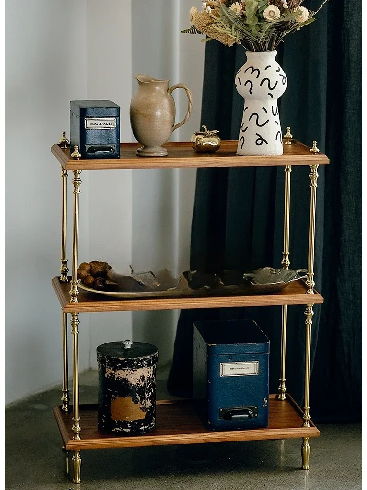 Storage Display Shelf Solid Wood Brass Home Living Sturdy Durable Easy Assembly Stable Construction Heavy Duty Space Saving