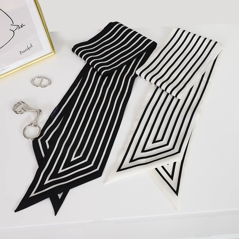 Stripe Print 100% Silk Ring Scarf Ribbon Women Ladies Fashion Neck Head Hair Bag Hat Scarves Multifunctional Use 109*10cm