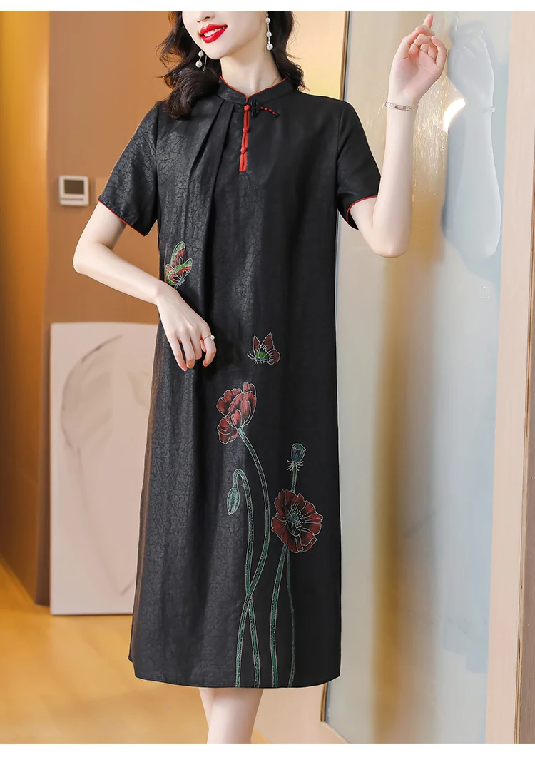 2023 New Vintage Silk Printed Dress Women's High End Fashion Chinese Style Loose Fit Casual Party Dress Vestidos