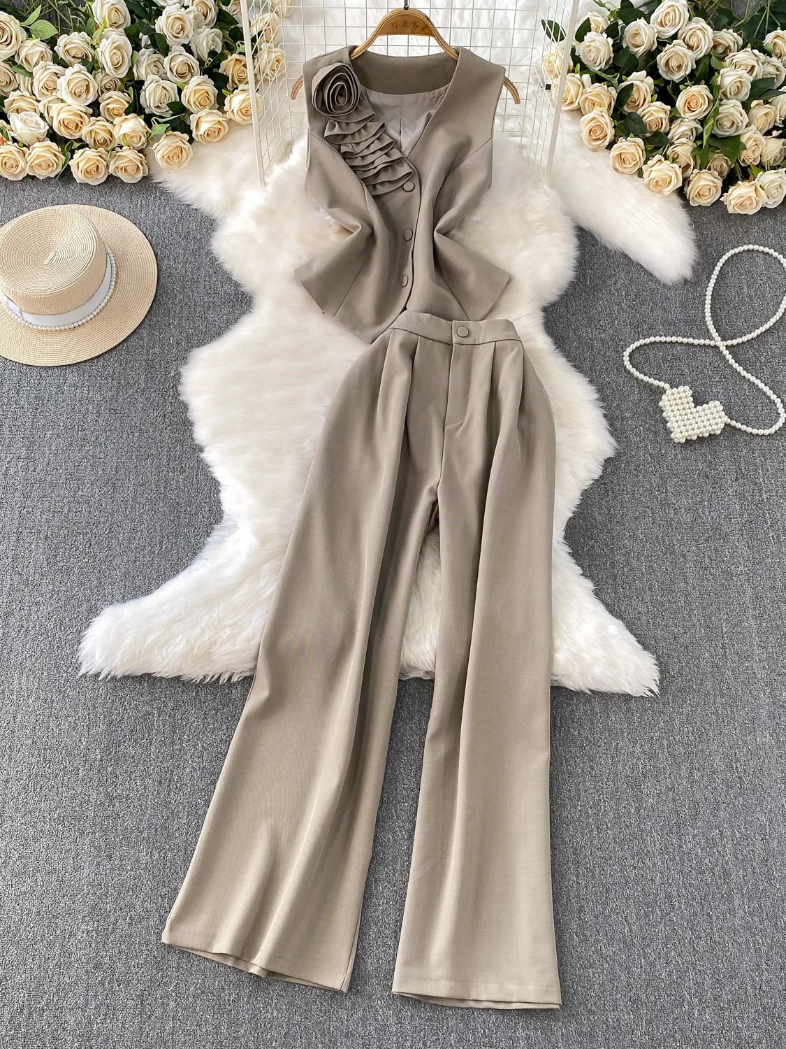 Ele V-ne Svel Vest Top High Waist Slimming Pants Set High-End Brand Faionable 3D Flower Print Button-Up Women's...