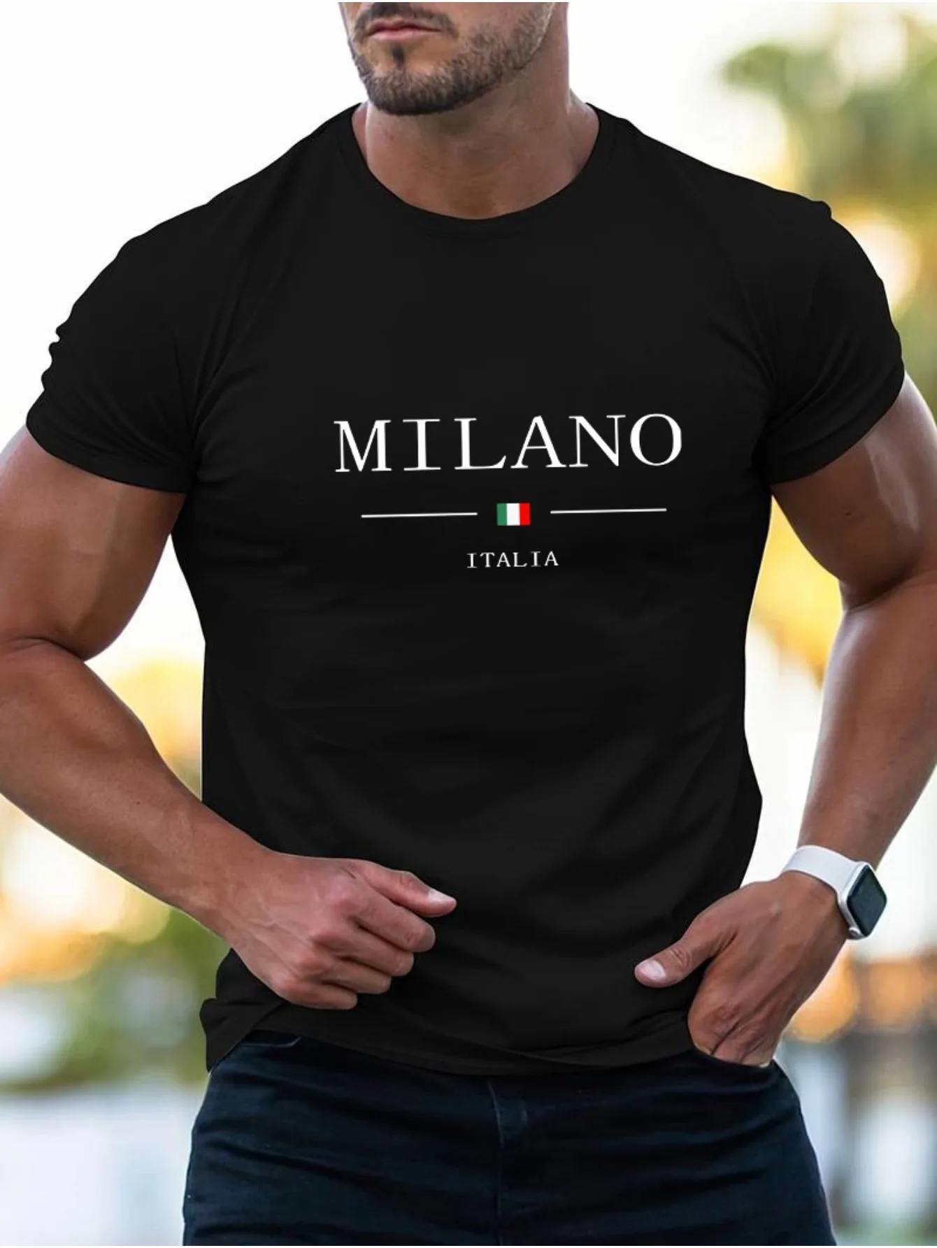 

Summer Men's 100% Cotton Casual Sports Loose Plus MILANO Print Comfortable Shopping Round Neck Short Sleeved T-shirt Top