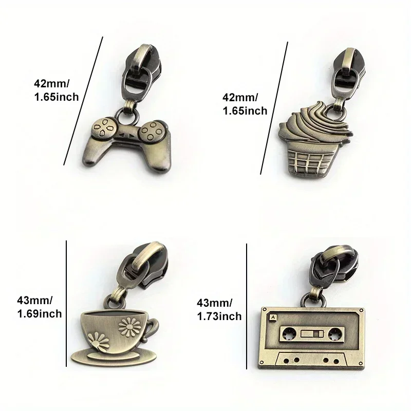 5pcs 8 colors coffee cup/ice cream/cassette/game stick shape metal zipper puller diy hand-sewn wallet bag 5# nylon pull tab