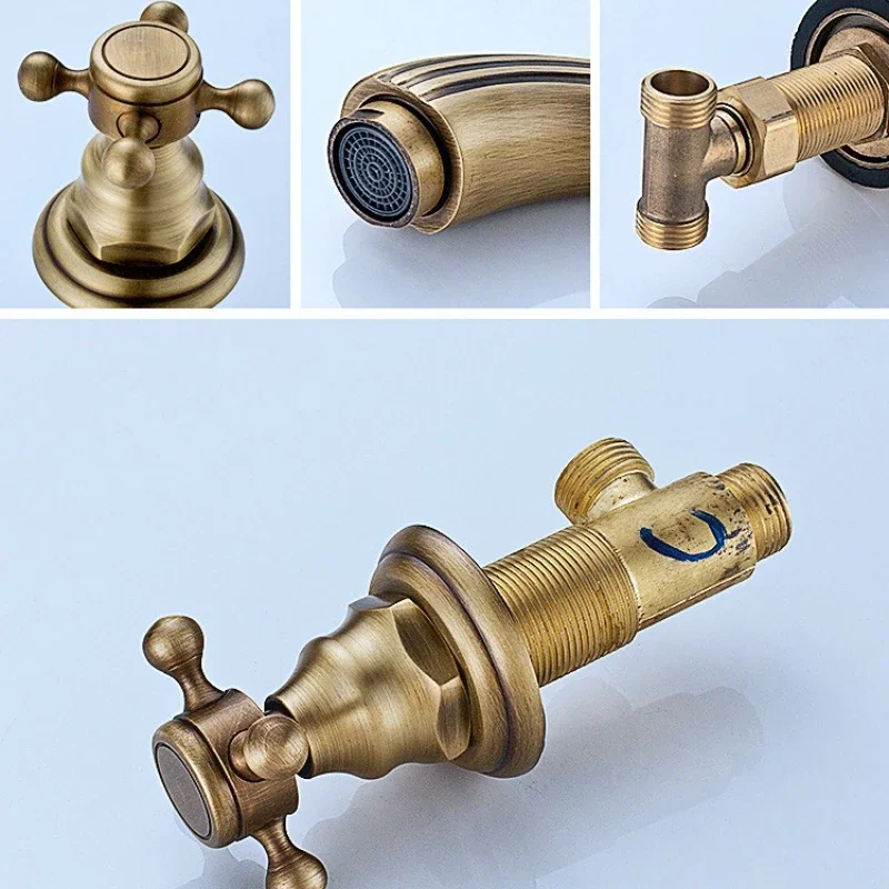 Solid Brass Antique-Style Three-Hole Basin Tap Bathroom Double-Handle Three-Piece Set Splash-Proof Domestic Hot & Cold Mixer Tap
