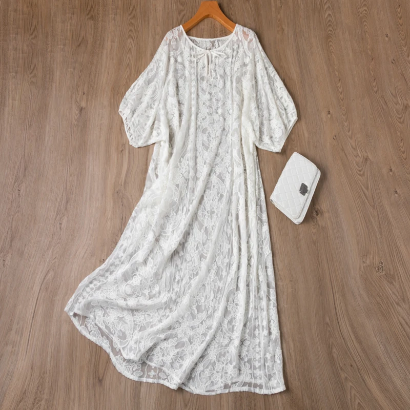 Women 100% Mulberry Silk Half-transparent White Color Embroidery Silk Short Sleeve Loose Type Midi Dress 2026 Summer M1123