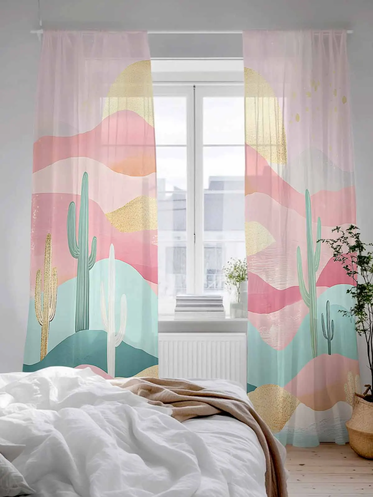 

Pink Desert Cactus Sun Tulle Sheer Curtains for Living Room Bedroom Kitchen Decoration Voile Organza Curtains