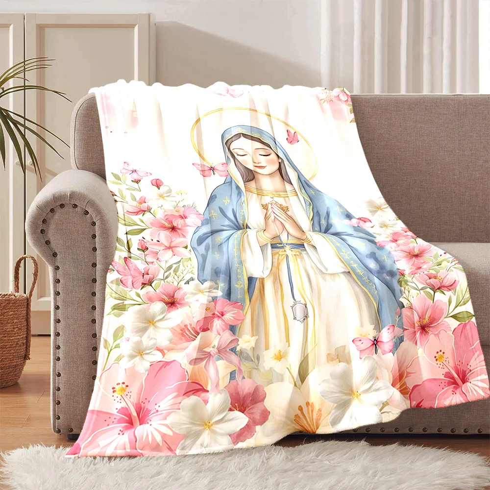 1PC Saint praying with flower wreath Faith-printed Flannel Blanket Soft and Warm Suitable for Home Travel Picnics Camping RV