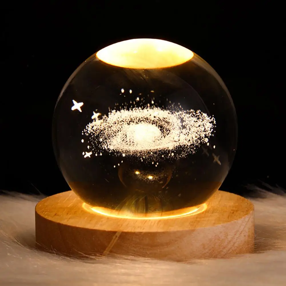 60mm Crystal Ball Night Light with Wooden Base 3D Engraved Milky Way System USB Plug-Play Bedside LED Lamp Home Decoration