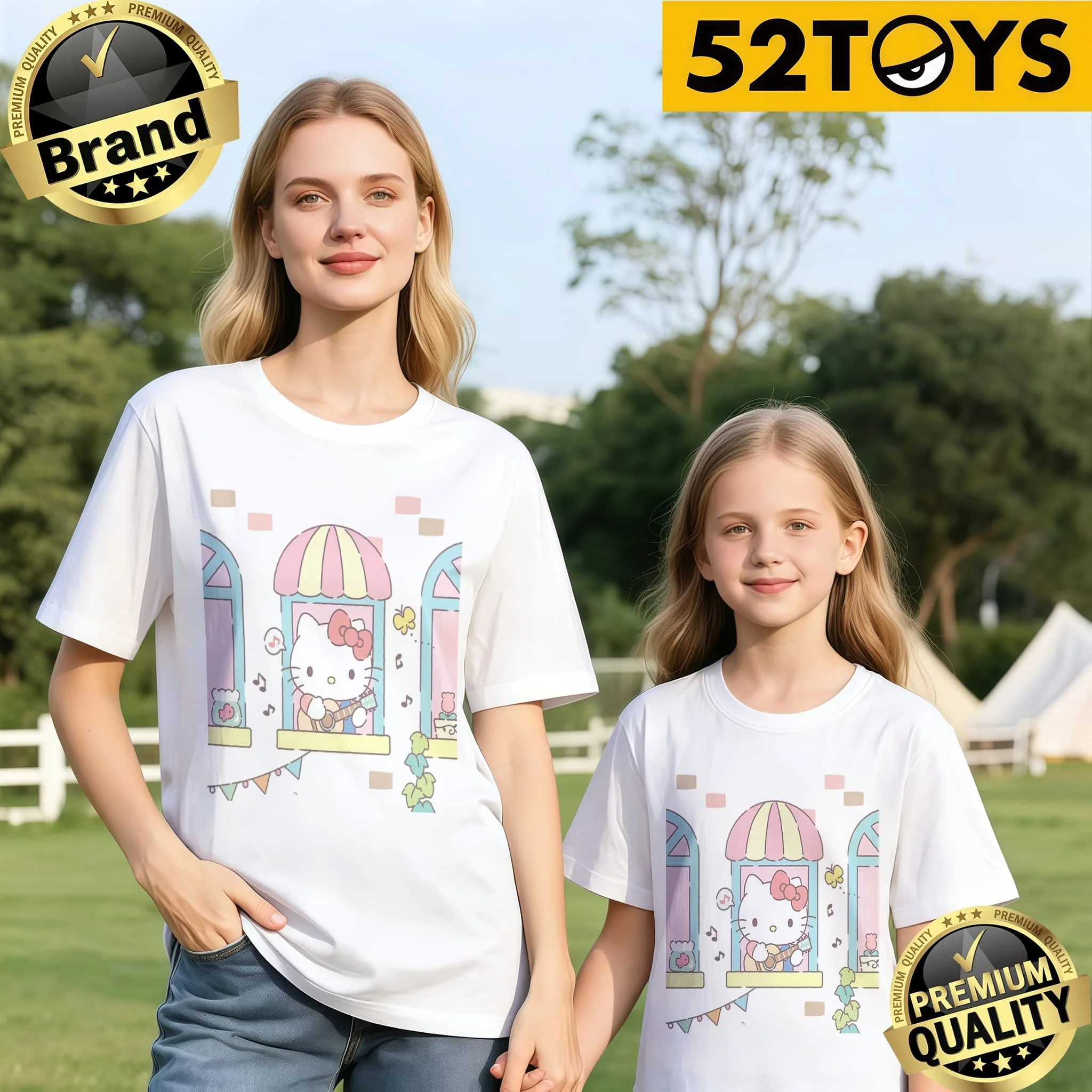 

52TOYS Hello Kitty Shop Print Family T-shirts 2026 Summer 100% Cotton Casual Loose Parent-Child Y2k Tees Single Piece3Pcs