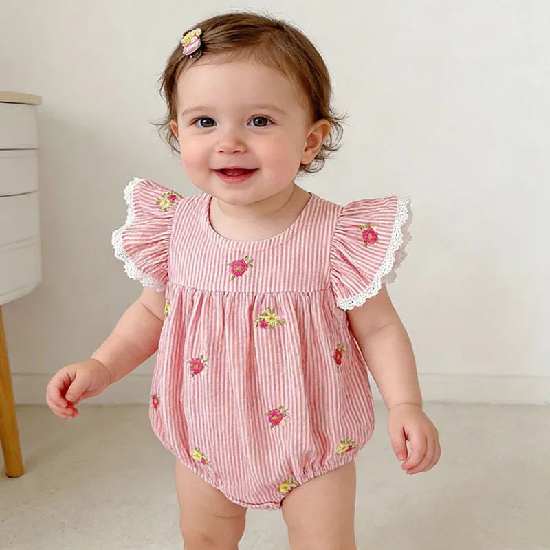 Baby Girl Bodysuit Summer Thin Embroidery Flutter Sleeve Triangle Romper Newborn Princess Soft Cotton Outfits For Infant 0-24M