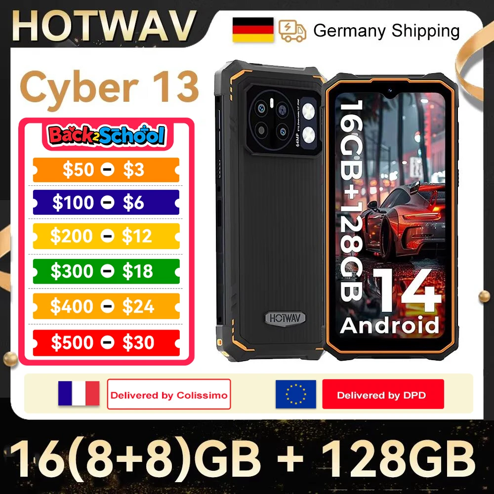 HOTWAV Cyber ​​13 Smartphone robusto 16 GB (8 + 8) 128 GB 150LM Torcia 6,6'' HD + 10800 mAh 64 MP Android 14 Cellulare