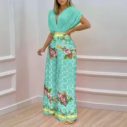 Fashion Women Short Sleeve Top +Wide leg Pants Two Pieces Set Summer V-Neck Work Wide Leg Office Trousers Suit Women Outfits