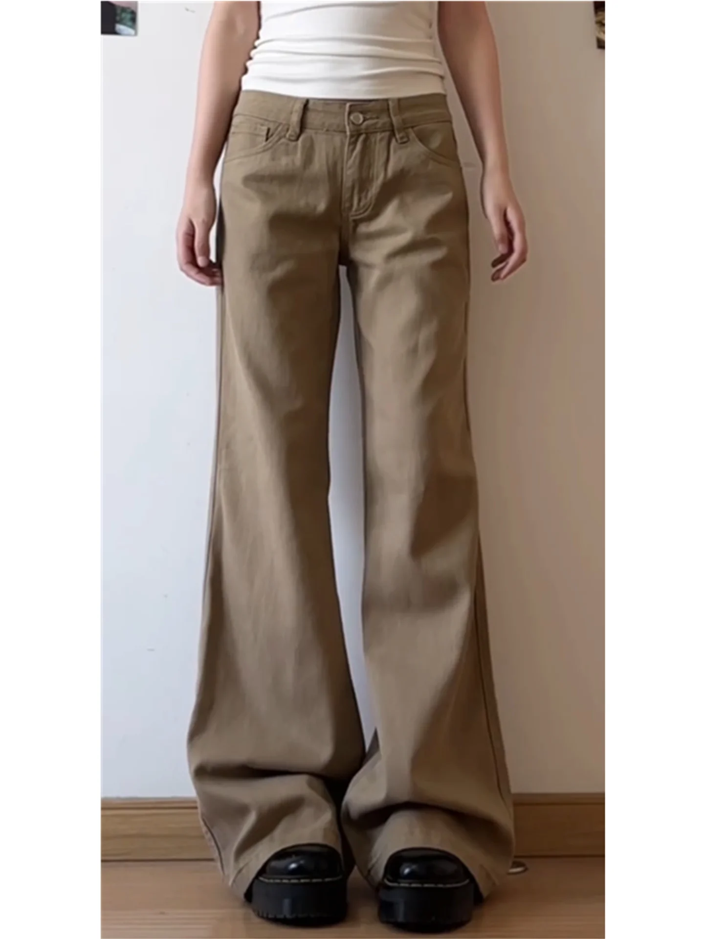 

American Style Vintage Khaki Low Waist Flared Jeans Women Loose Slimming Casual Floor-Length Pants Cotton Soft Washed