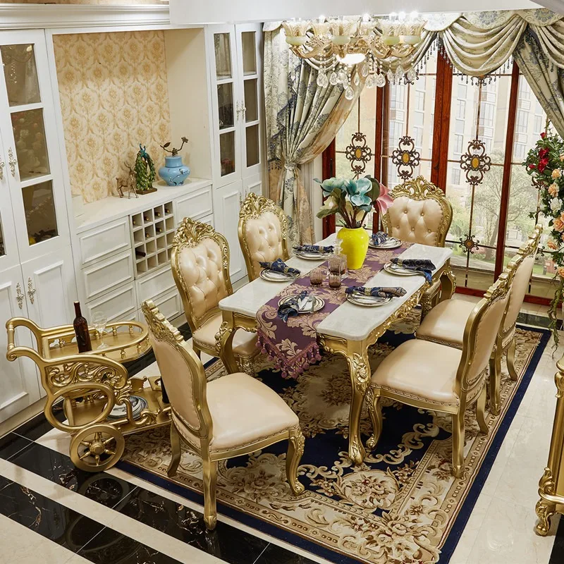 Traditional European Royal Villa Kitchen Hotel Furniture Golden Marble 6 Seaters Dining Table