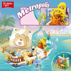 287PCS Sluban Metropolis Treasure Hunt Sailboat Building Blocks Transparent Hull Adventure Boat With Minifigures Gift For Teens