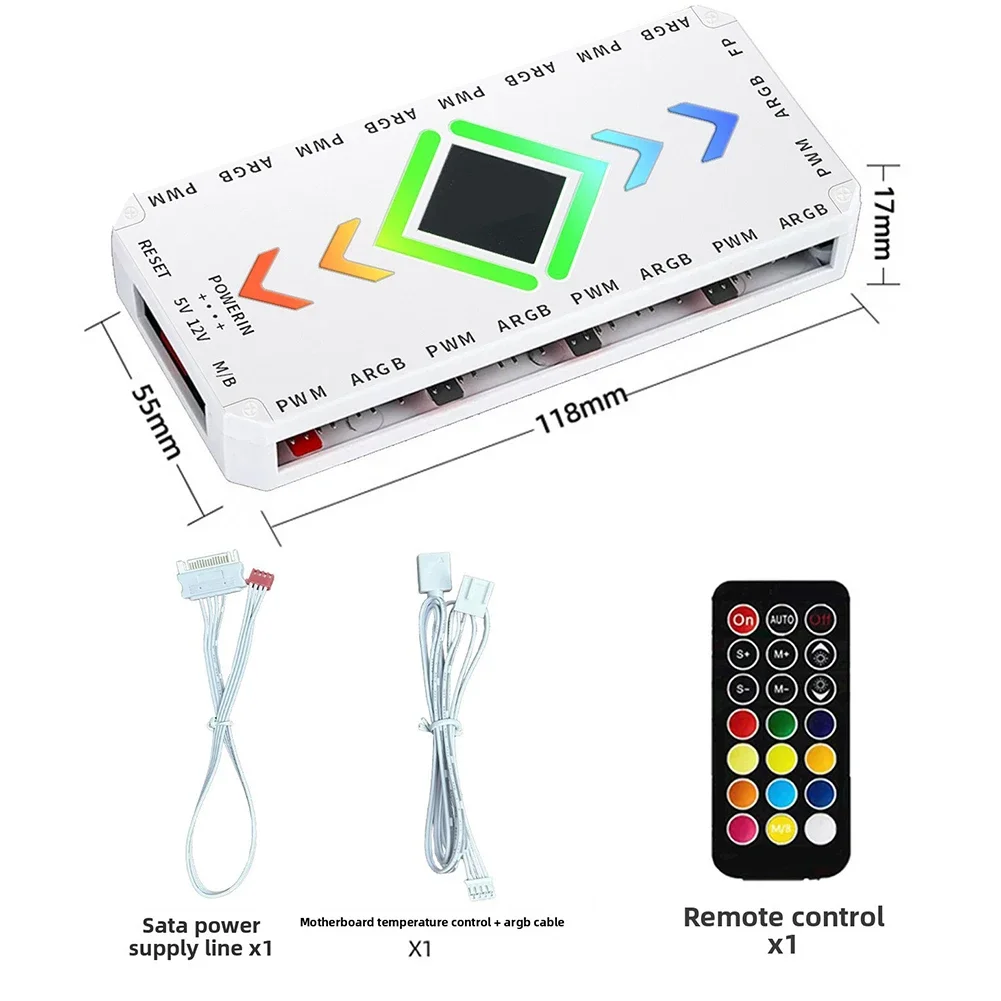 5V 3-Pin For ARGB Fan Hub With 9 For PWM Ports Intelligent Temperature Control Wireless Remote For PC Case Cooling And For Light
