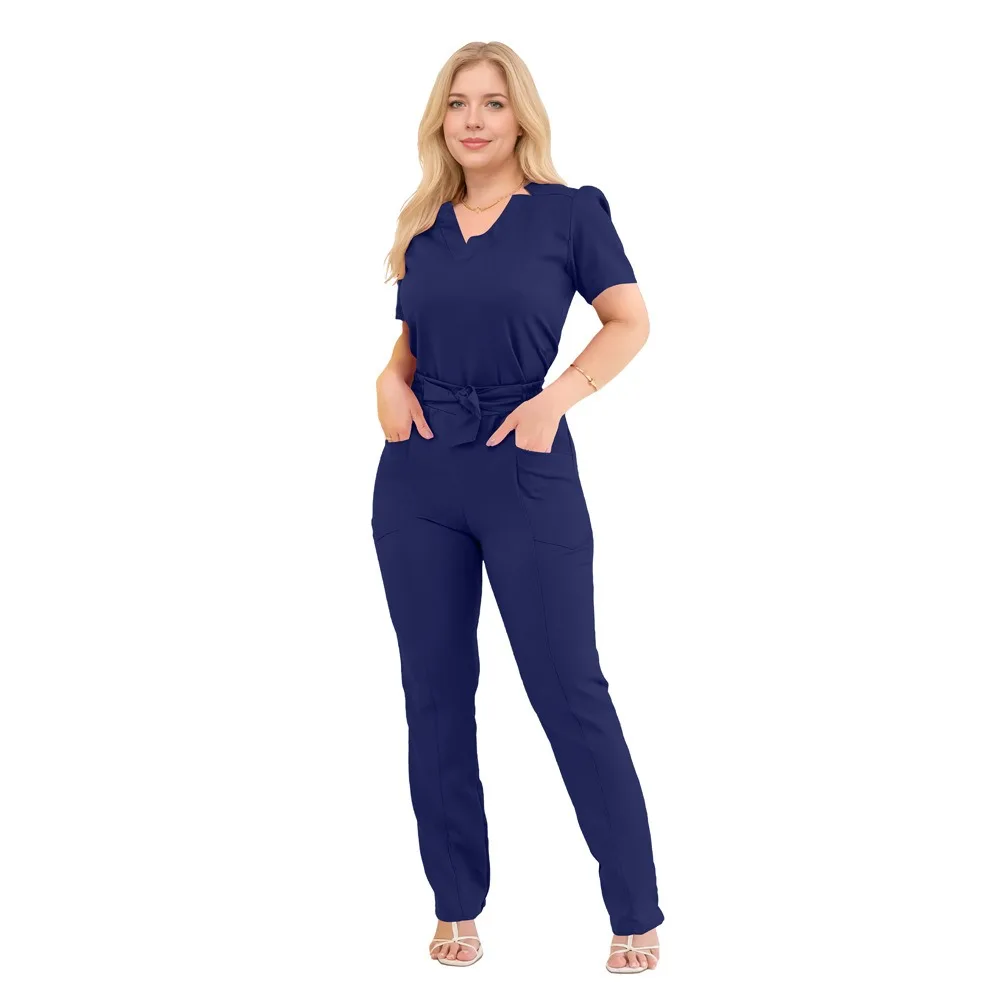 Dames zomerjurk met korte mouwen, rechte broek, verpleegstersuniform, kliniek scrub outfit, ademende werkkleding